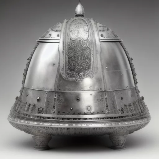 4208068011-side view of a large Silver-plated ovoid-shaped cuirass surmounted by a little dome. dented hull. Space background.webp